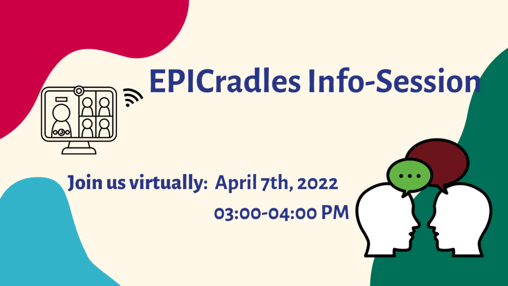 Text shows EPICradles infographic about info session hold on April 7th 2022. Obrazek przedstawia infografikę dotyczącą spotkania informacyjnego EPICradle, które odbyło się 7go kwietnia 2022 roku.