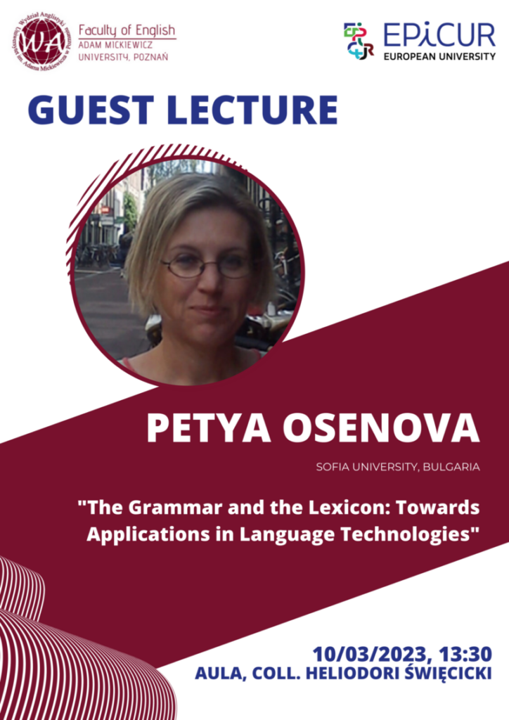 Grafika przedstawia profesor Petye Osenove z tytułem wykładu The Grammar and the Lexicon: Towards Applications in Language Technologies